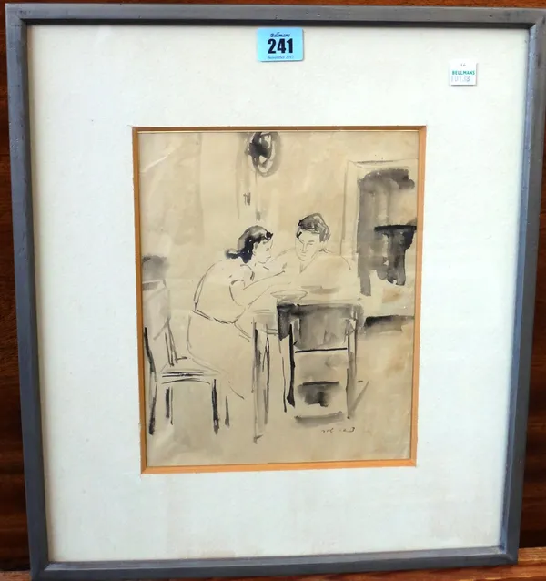 Israeli School (20th century), A couple eating supper at a table, grey wash, indistinctly signed and dated '23, 24cm x 19cm.  A7