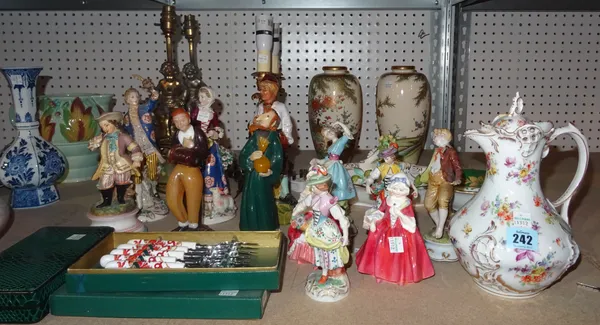 A quantity of ceramics, including Dresden figures, Murano glass figures, a Continental jug and cover, a pair of Samson Chelsea figures, also two pairs