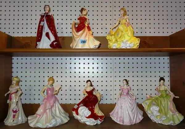 Ceramics, comprising; a group of eight Royal Doulton Pretty Ladies figures including; Spring, Summer, Autumn Ball, Summer Ball, Winter Ball, Spring Ba