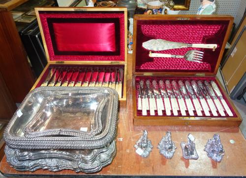 Silver plated wares, comprising; six lidded tureens, (two handles lacking) and two boxed canteens of fish cutlery. (qty) S1