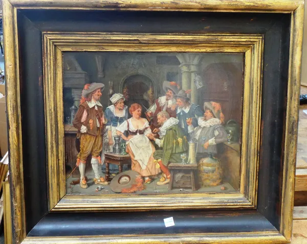 Gabriel Guerin (late 19th century), Tavern scene, oil on canvas, possibly over a printed base, signed, 27cm x 34cm.   A7