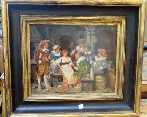 Gabriel Guerin (late 19th century), Tavern scene, oil on canvas, possibly over a printed base, signed, 27cm x 34cm.   A7