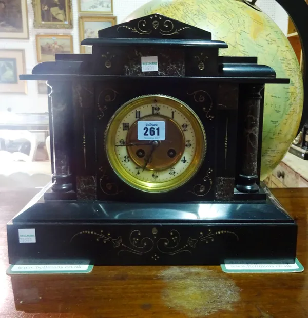 A Victorian slate and marble mantel clock, with eight day movement. C10