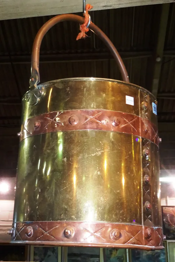 A 20th century brass and copper banded fire bucket. Hang