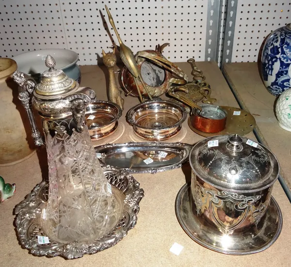 Collectables, including; a plated cut glass claret jug, with lion handle and a pair of bottle coasters, an oval tray, a copper tea pot and sundry, (qt