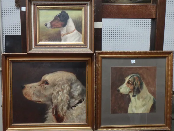 English School (late 19th century), Head study of a dog, oil on board, together with two further dog head studies: an oil signed E. Alstrop, and a wat