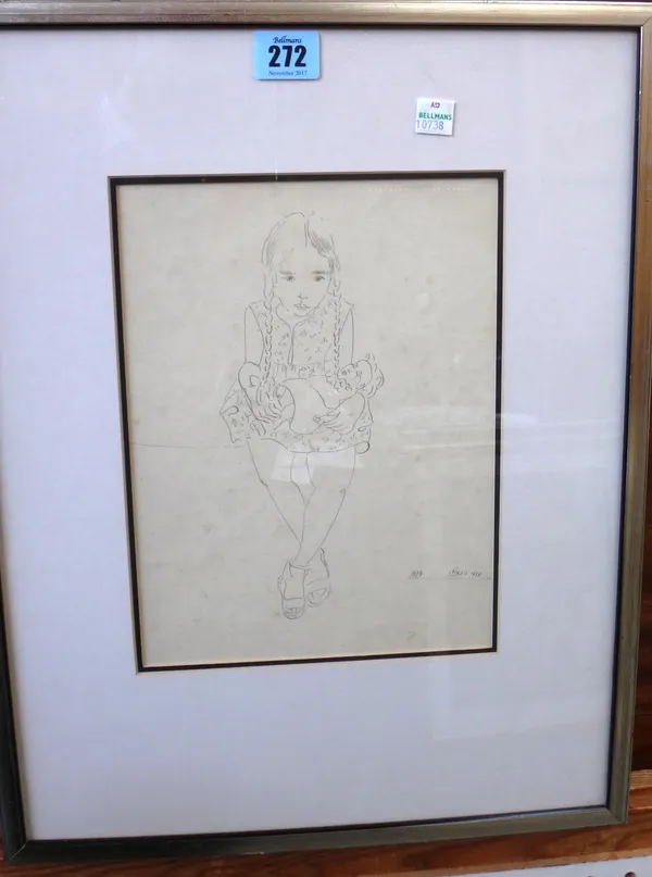 David Hendler (1904-1984), Girl with a doll, pen and ink, signed in Hebrew and dated 1934, 25cm x 19cm. DDS   A6