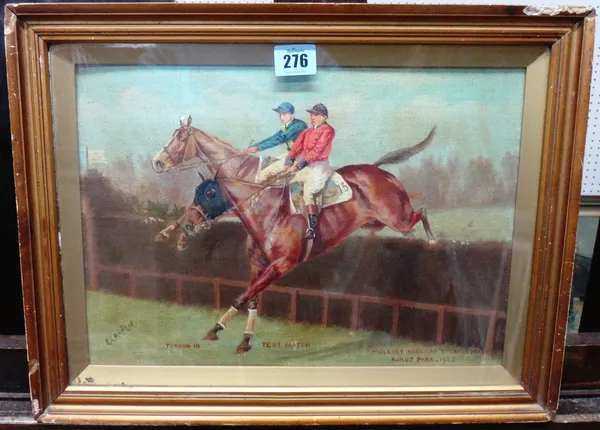 E. Craven (early 20th century), Molesley Handicap Steeplechase, Hurst Park 1925: Test Match and Thrown In, oil on canvas board, signed and inscribed,