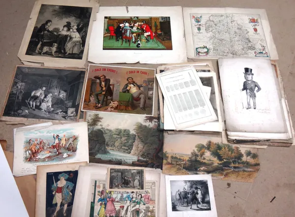 A quantity of assorted prints, including a map of Staffordshire by John Talbot, and works after Hogarth, Cecil Aldin, Beechey and others, all unframed
