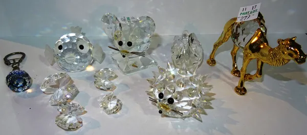 Swarovski crystals; a small group including a hedgehog, a fish, a mouse, a swan, a camel, four oysters with imitation pearls and a small keychain, (qt