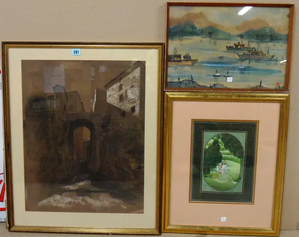 After William Stanley Haseltine, Italianate river scene Tivoli, watercolour heightened with white, together with a Chinese and an Indian watercolour.