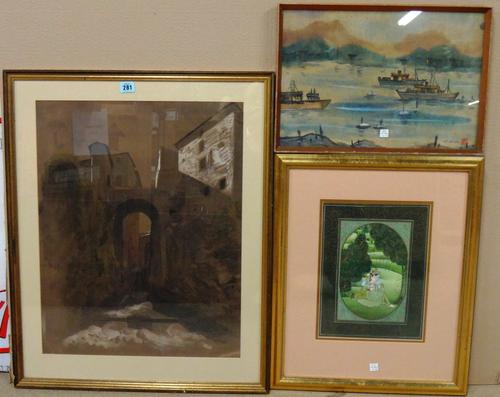 After William Stanley Haseltine, Italianate river scene Tivoli, watercolour heightened with white, together with a Chinese and an Indian watercolour.