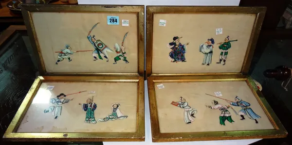 A group of four 19th century framed Chinese rice paper paintings, each depicting fight/defence scenes, (4) CAB