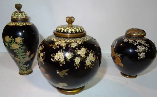 A group of three 19th century Japanese cloisonné vases, decorated with fauna and flora, each with matching four character signature (damaged) (3) CAB