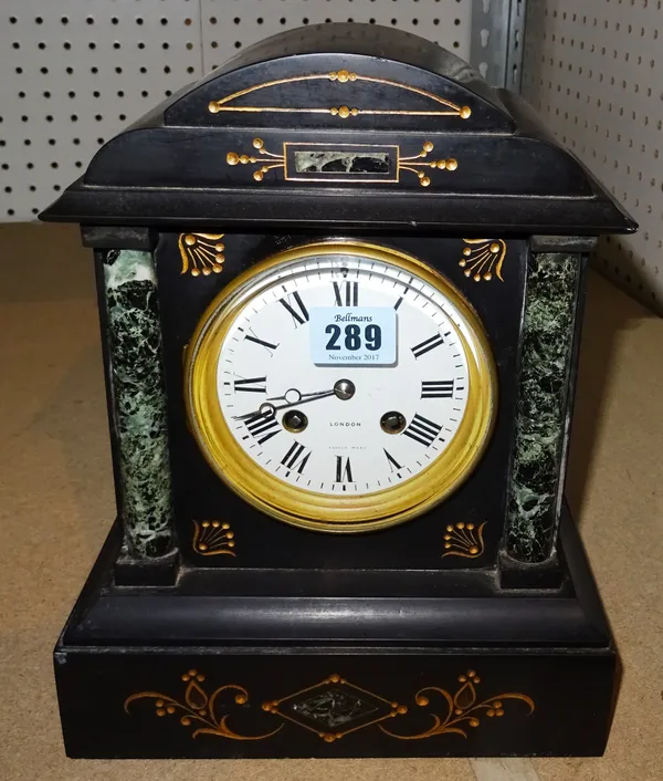 A 19th century slate and marble cased 8 day mantel clock, the dial stamped J.W Benson, Ludgate Hill, London. B9