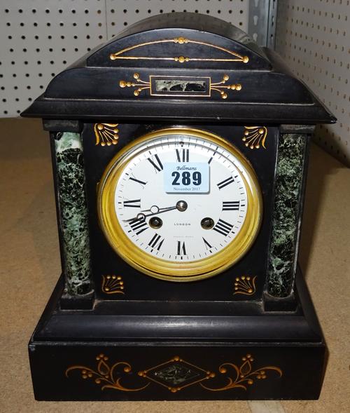 A 19th century slate and marble cased 8 day mantel clock, the dial stamped J.W Benson, Ludgate Hill, London. B9