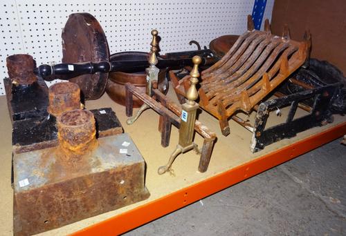 A group of cast iron items, including drain hoppers, a stick stand, fire dogs, a jardiniere, a fire basket, a warming pan and sundry, (qty). S4