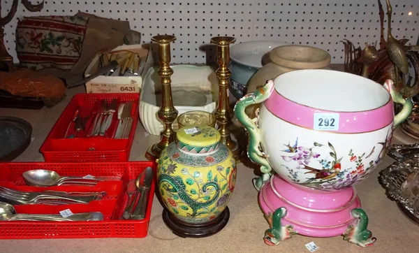 Ceramics and collectables, including; silver plated flatware, brass candlesticks, a yellow ground ginger jar, a chamber pot and sundry. (qty) S4