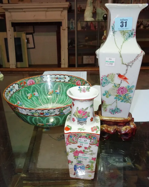 An Oriental vase of tapering square form, another smaller and a famille verte type bowl.  S1