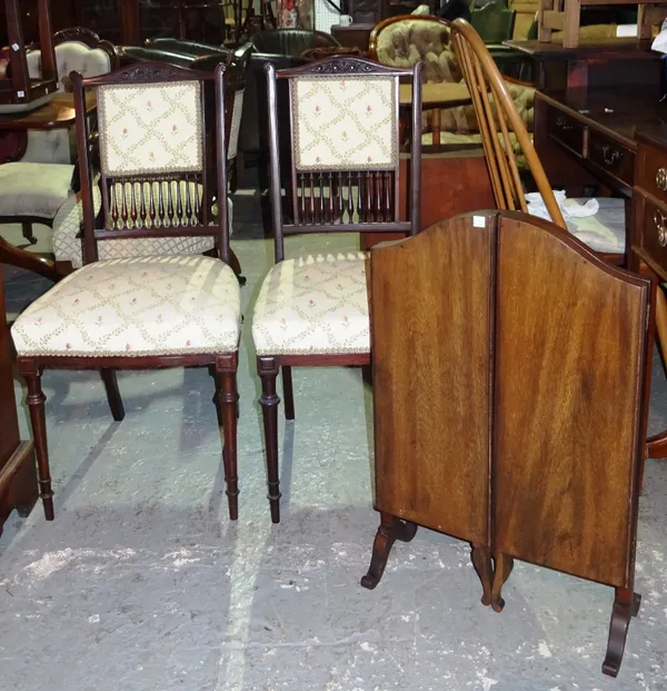 A pair of Edwardian mahogany framed hall chairs, and a mahogany triptych mirror. (3) 13