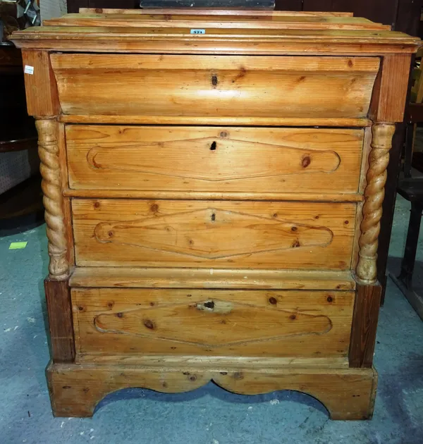 A 19th century Continental pine chest of four long drawers on bracket feet, 90cm wide.  C9