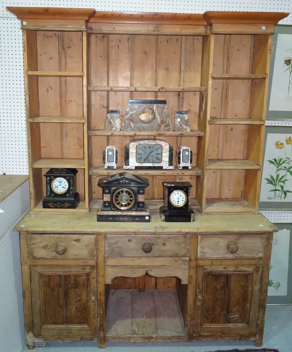 A Victorian pine dresser base, with an arrangement of three drawers and two cupboards with associated dresser top, 157cm x 210cm high.  B10