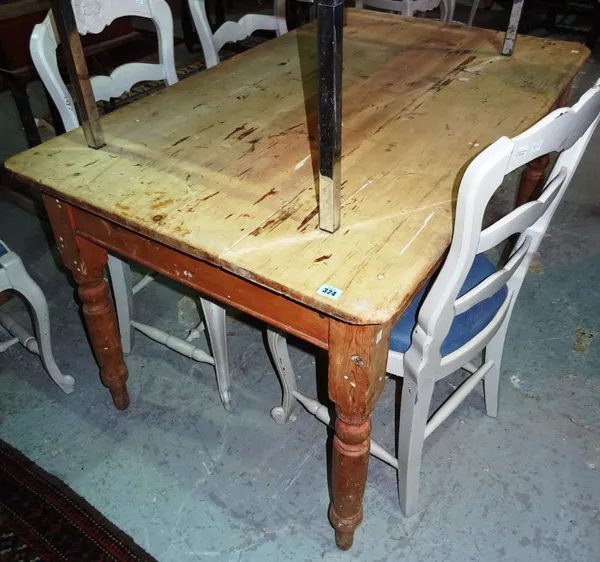 An early 20th century pine dining table, on turned supports, with single drawer, 193cm wide x 75cm high. B9