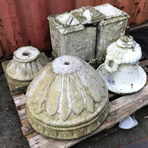 A reconstituted stone jardiniere on fluted socle, a white painted campana shaped urn and two square pedestals, (a.f), (4). OUT