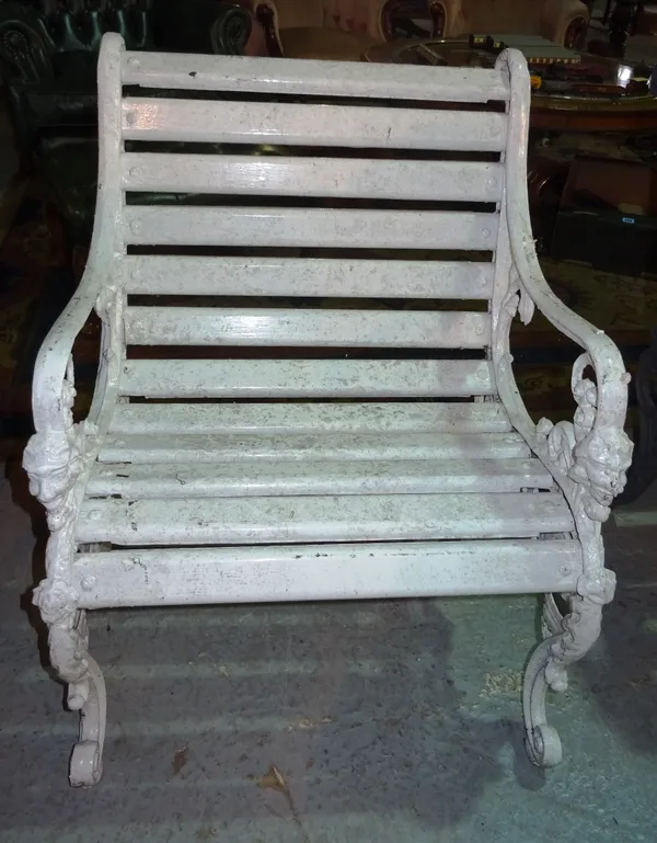 A pair of white painted aluminium seats with lion face masks, 61cm wide (2) D5