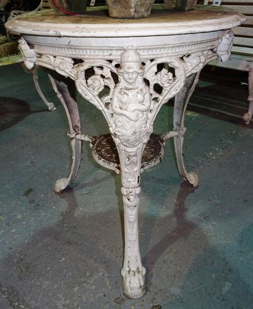 Three white painted Britannia style circular bases, each approx 65cm wide, together with three other white painted aluminium occasional tables, (6). C