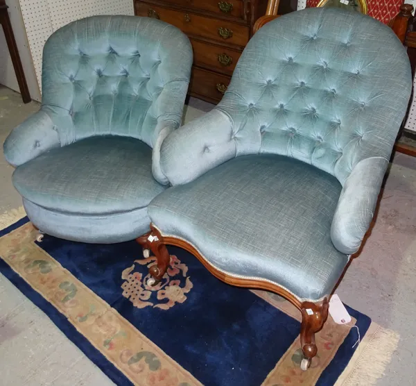 A Victorian side chair with blue upholstery and another smaller, (2). H10