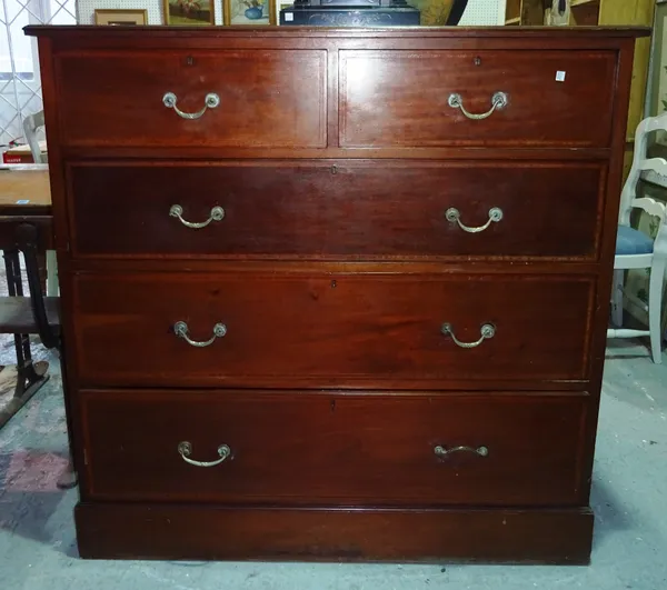 An Edwardian mahogany and satinwood banded large chest, two short and three long drawers, plinth base, 122cm wide. D9