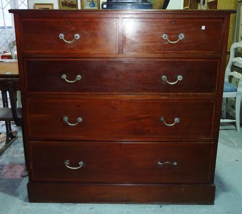 An Edwardian mahogany and satinwood banded large chest, two short and three long drawers, plinth base, 122cm wide. D9