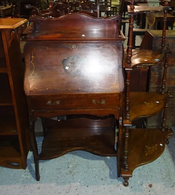 A late Victorian four tier inlaid walnut stepped corner whatnot, 63cm wide; and an oak bureau with simulated Vernis Martin decoration, 71cm wide, (2).