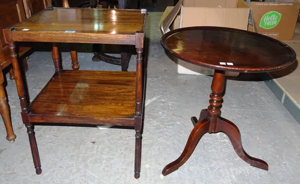 A 19th century mahogany tripod table, 49cm wide x 58cm high, together with a rosewood two tier occasional table adapted from a Regency whatnot, 46cm w