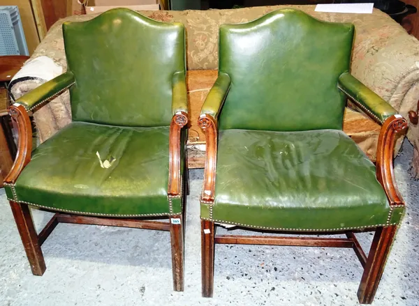 A pair of mid-18th century style mahogany framed open armchairs, with green leather upholstery on square block supports, (2). J4