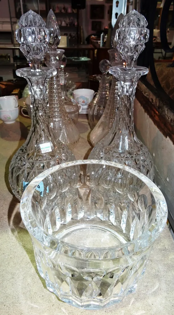 Glass, including; two pairs of good quality cut glass decanters, two further decanters and a cut glass bowl, (qty). S2