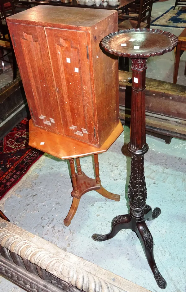 A Victorian octagonal satin walnut occasional table, an early 20th century pine small cupboard, 41cm wide, and a mahogany torchère stand, 26cm diamete
