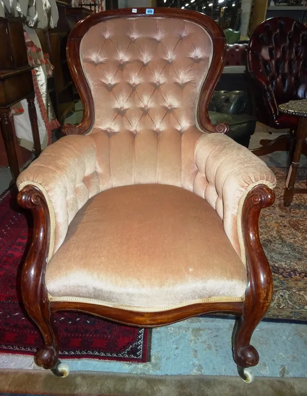 A pair of mahogany framed nursing chairs, with button back upholstery, (2). F5