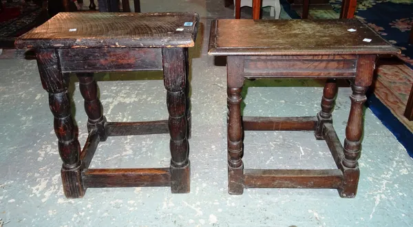 A 17th century and later oak joint stool, 43cm wide, and another 17th century style joint stool, 46cm wide, (2). H6