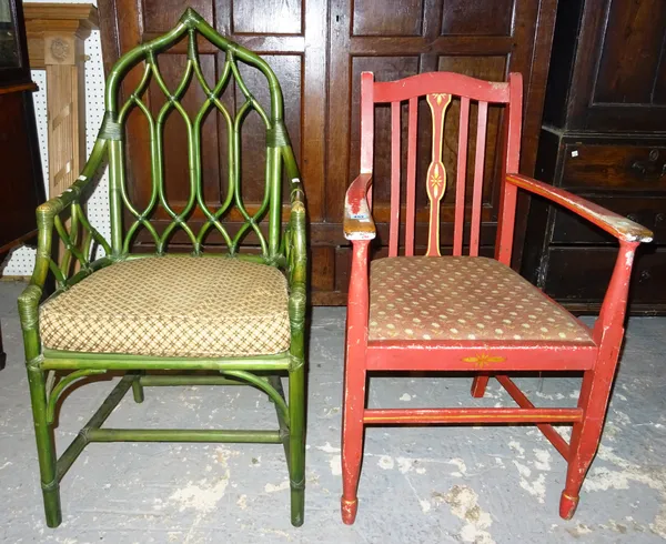 A late Victorian red and gilt painted open armchair, and a green painted bamboo Gothic armchair, (2). K5