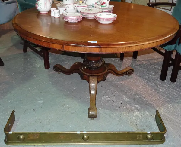 A Victorian rosewood and mahogany circular snap top table, on tripod base, 131cms diameter; together with a brass fire curb, (2). C6