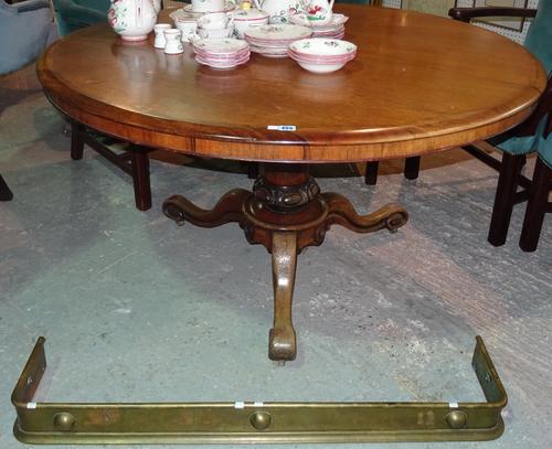 A Victorian rosewood and mahogany circular snap top table, on tripod base, 131cms diameter; together with a brass fire curb, (2). C6