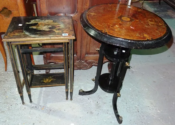 A nest of two of faded Chinoiserie decorated side tables, together with a Victorian ebony, burr walnut and marquetry inlaid occasional table, 31cms di