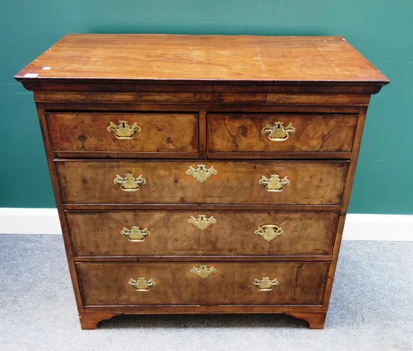 An early 18th century and later walnut chest of two short and three long graduated drawers, on bracket feet, 100cm wide x 101cm high. G9