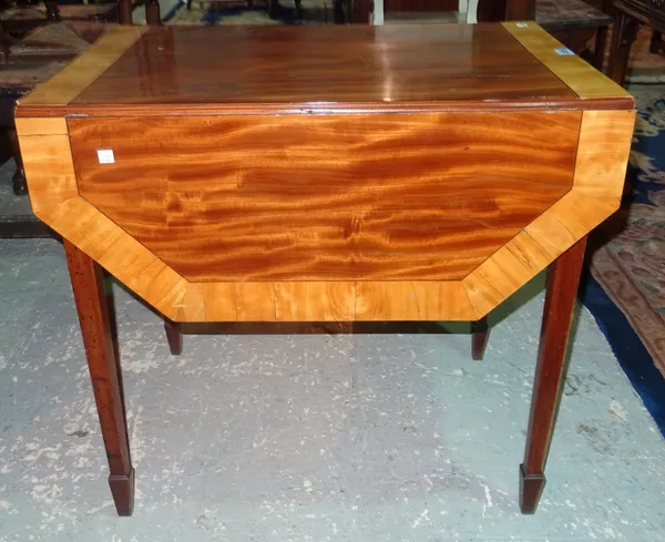 A George III satinwood banded mahogany Pembroke table, with canted leaves, on tapering supports, 74cm deep x 51cm across, 106cm across when open.  H9