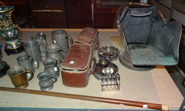 Collectables, including;  pewter tankards, a walking stick, a coal scuttle toast rack, t spoons and sundry. (qty) S3