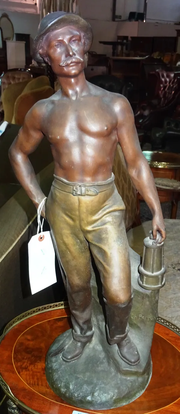 'C H Perron' a 20th century spelter figure of a miner, 67cm high. F6
