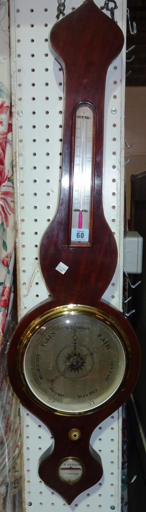Intross Chatham; a 19th century wall wheel barometer, of onion end form, with thermometer and barometer dials and signed level dial, 95cm high. J6