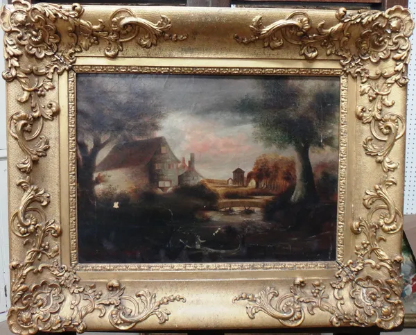English Provincial School (19th century), Rustic river landscape, oil on canvas, 31cm x 43cm.   I1